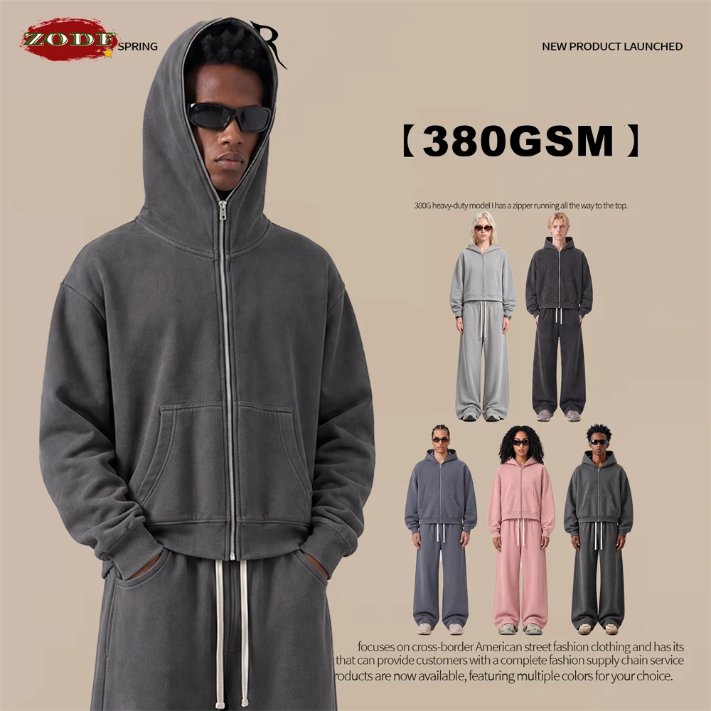 ZODF Vintage Winter 380gsm Fleece Full Zipper Hoodie For Man Unisex Washed Distressed Boxyfit Solid Warm Hooded Jackets HY0002