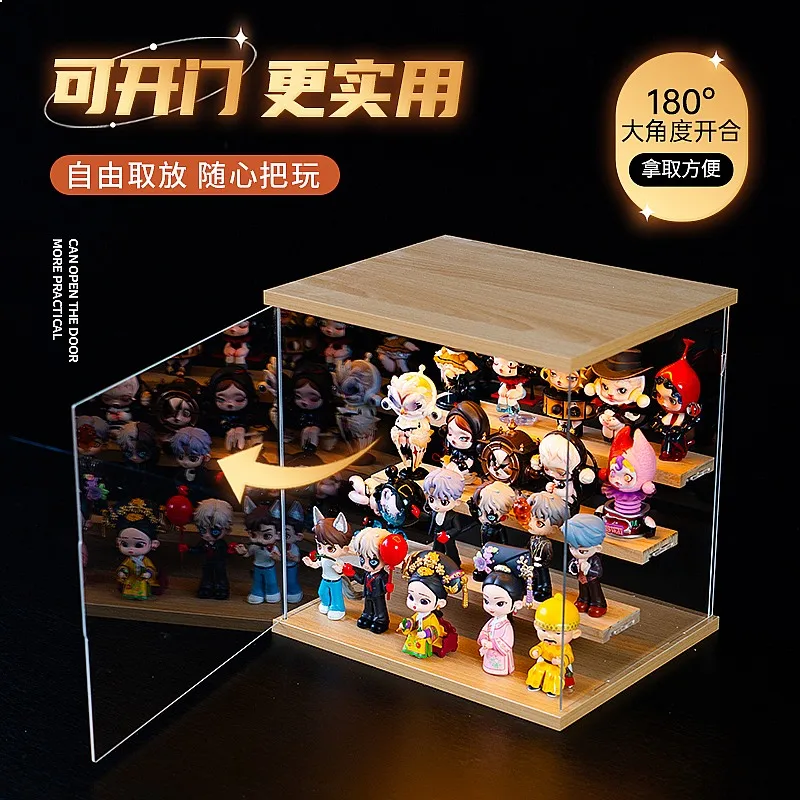 Acrylic Display Case with Staircase Design, Clear Dustproof Storage Box for Collectibles with LED Light