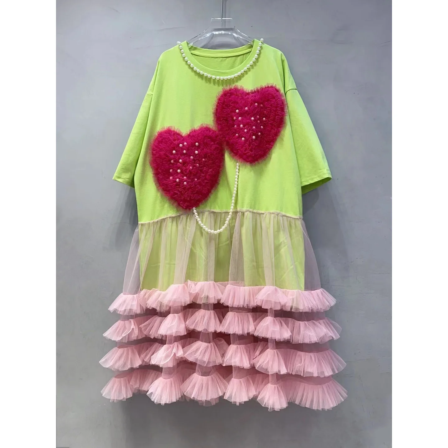 Chic Love Mesh emendado Ruffles T-shirt Vestido, Pérolas, Cadeia frisada, Borlas Gaze, Plissado Patchwork Tees, Jumpers Tops