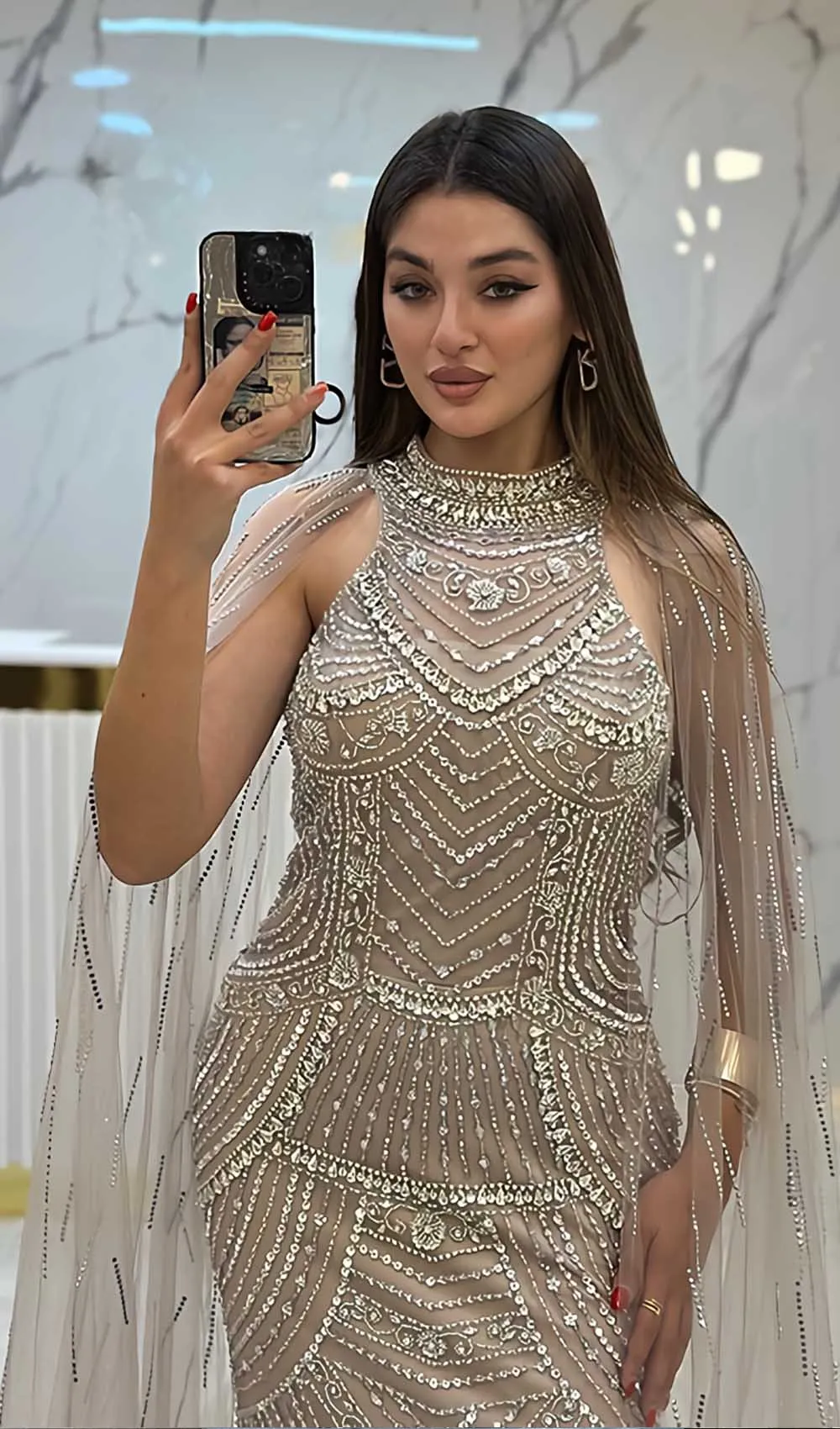 YQLNNE Arabic Nude Crystals Beaded Evening Dresses Long Mermaid High Neck Tulle Formal Pageant Party Gown