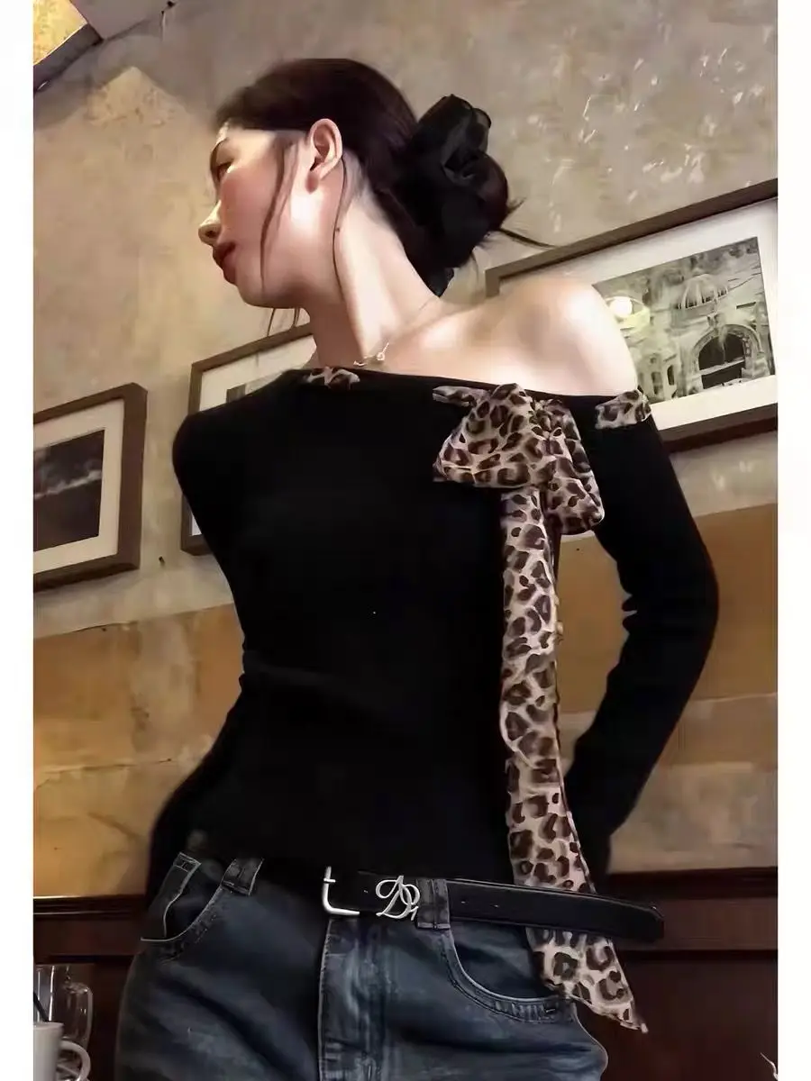 Off shoulder Y2k Bow Tied Long sleeve Leopard T Shirt Women Sexy Elegant Tight Basic Crop Top Lady Casual Black Tees 2024 Korean