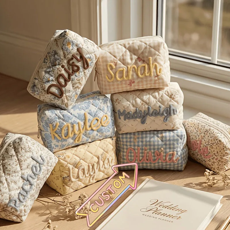 Custom Embroidered Name Quilted Makeup Bag Floral Check Cosmetic Pouch Portable Travel Storage Bag Bridesmaid Women Gift