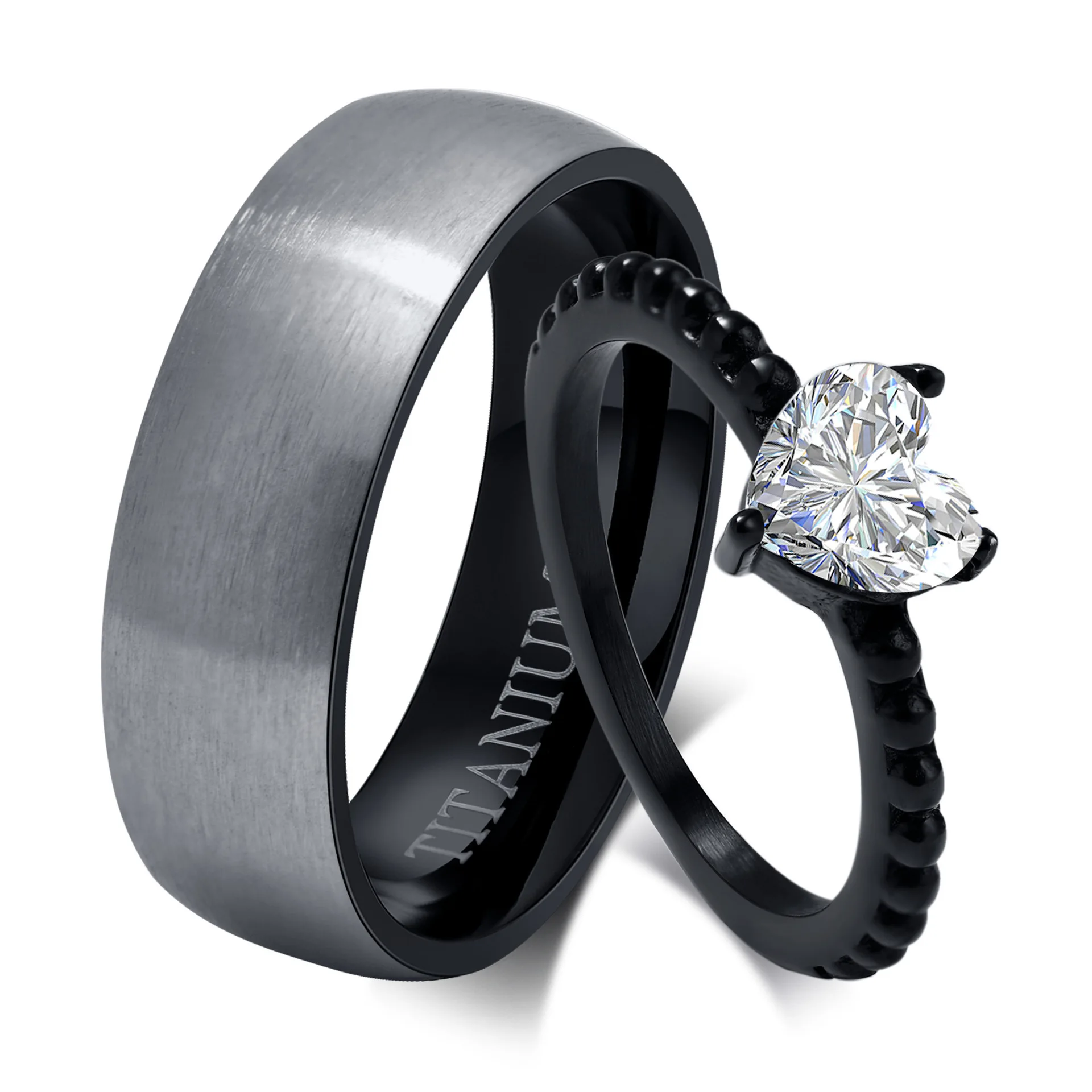 

6mm Mens Titanium Steel Couple Rings Black Womens Heart Shaped Zircon Wedding Rings Pairs