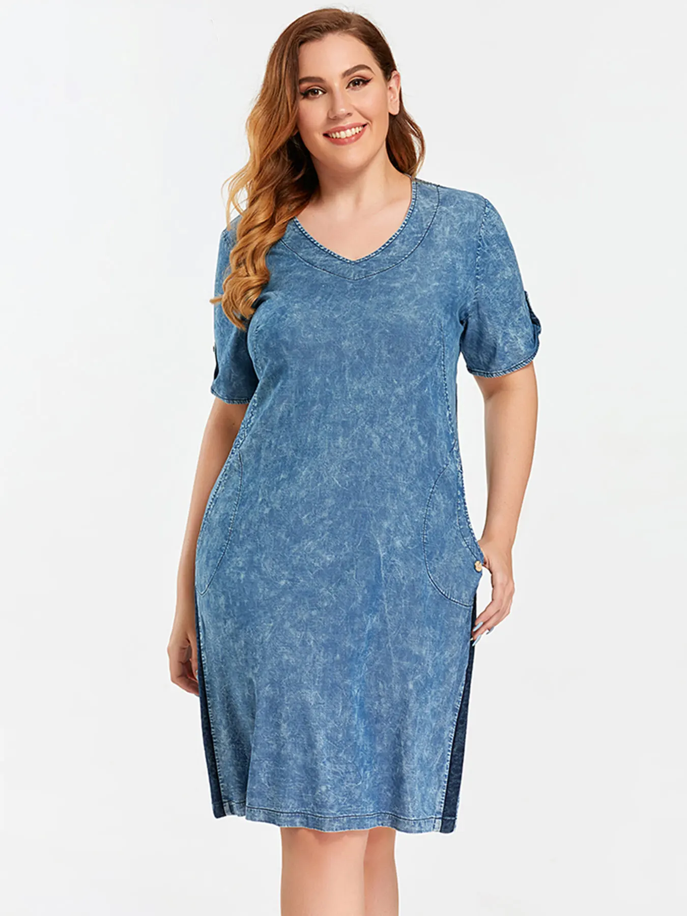 Women's Plus Size Denim Dress Summer Slim Dress Casual Dress Cotton Woven Denim Short Sleeves