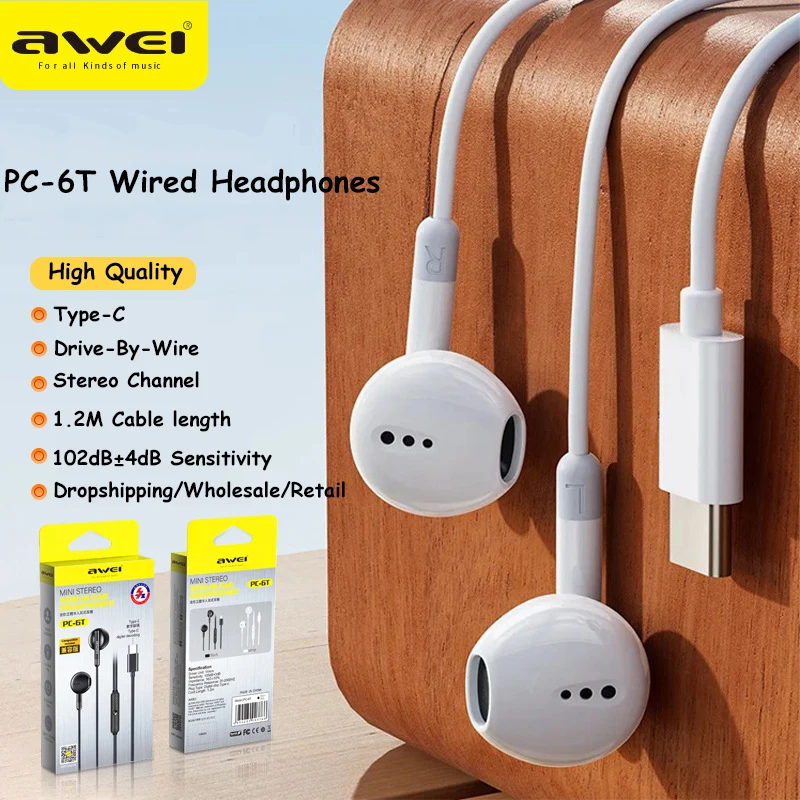 Awei PC-6T Type-C Wired Headphones In-Ear Headset Wired Earphones With Mic Volume Control Compatible For All Mobile Phones