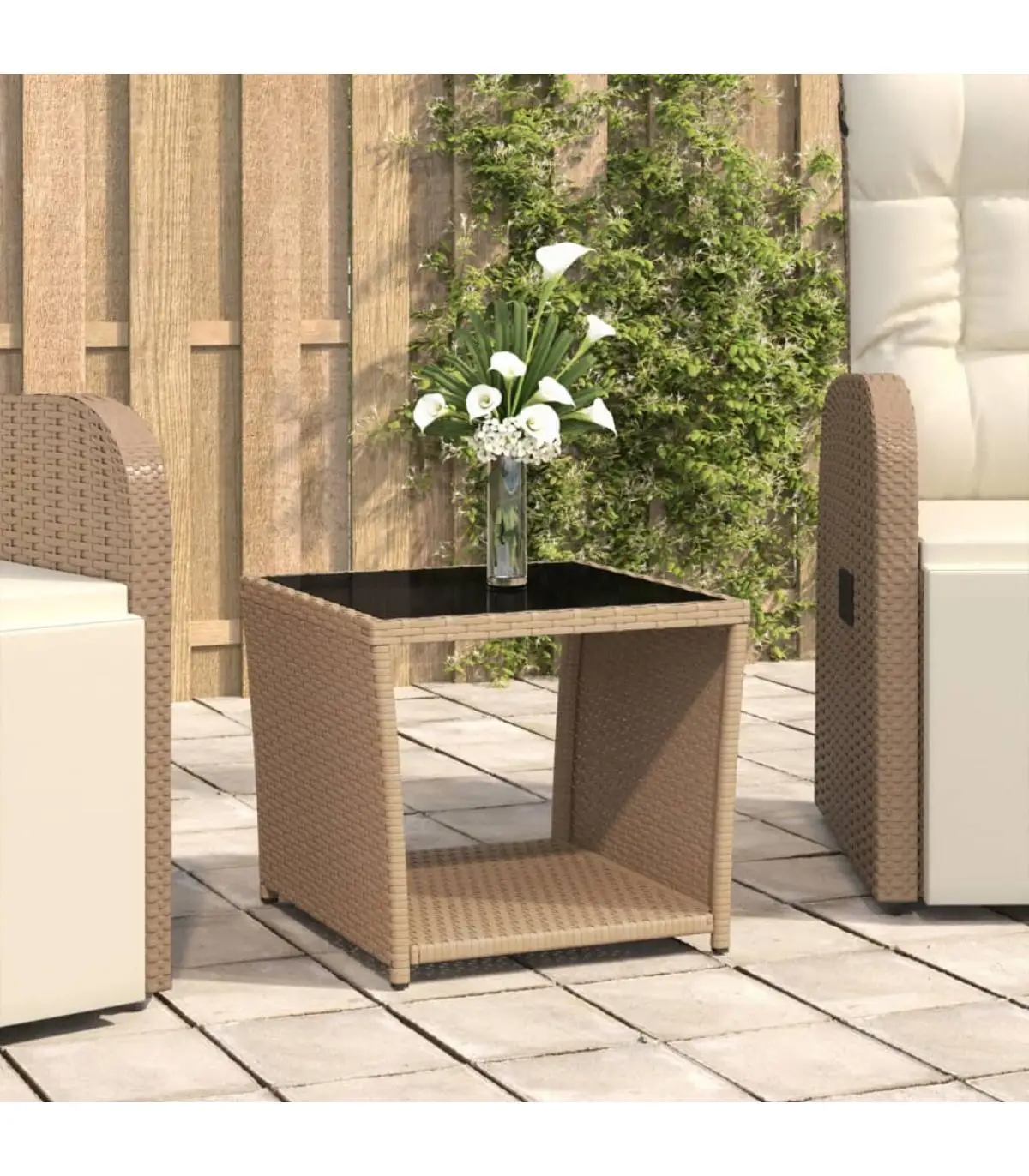 Garden tables beige synthetic rattan table and tempered glass surface