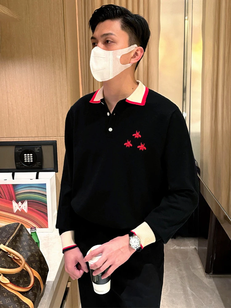 

Faionable Autumn Winter Men's irt Embroidered Patchwork Slim Fit Bla Knitted Stitched Bee Design Luxury Sle