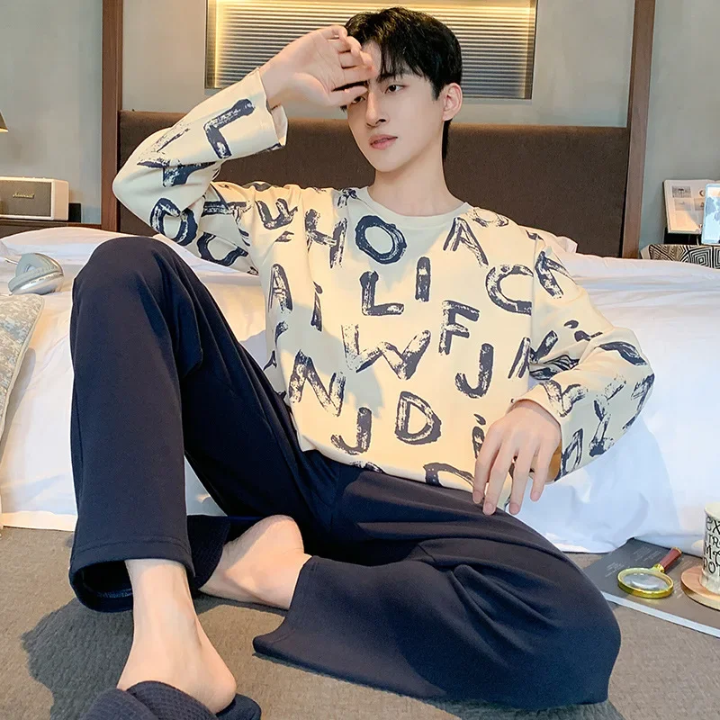 High Quality Pajamas Suit Men Pure Cotton Long-sleeved New Simple Design Sleepwear Male Korean Style 100%Cotton Loungewear Gents