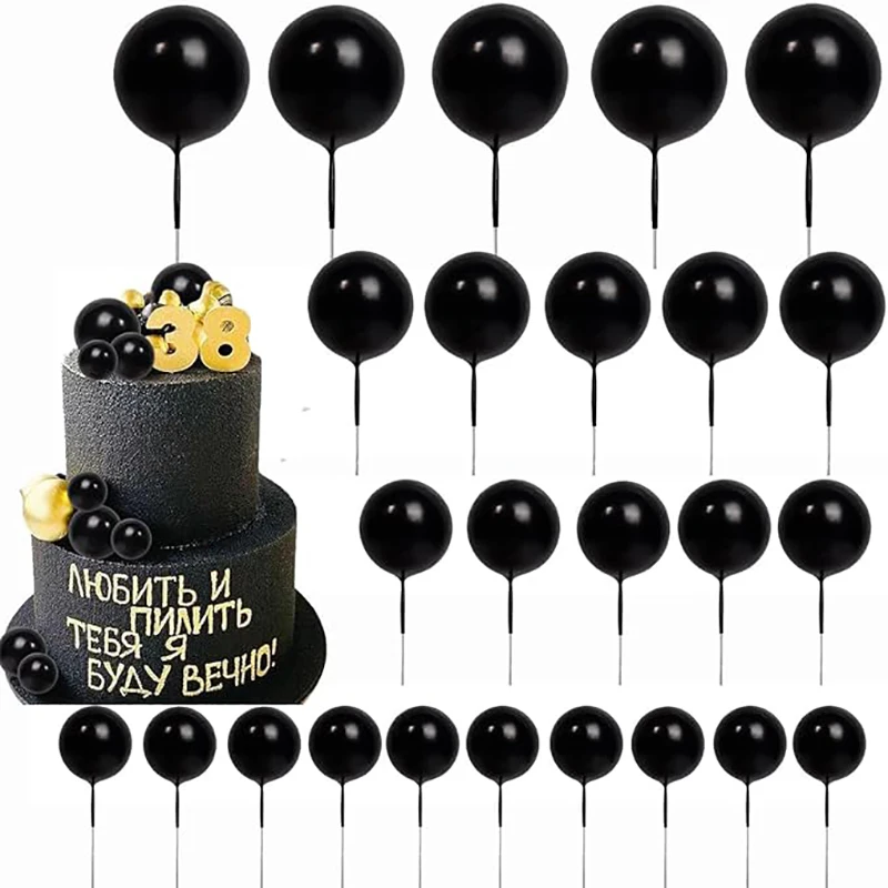 20pcs Black Balls Cake Topper 2-4cm Different Size Foam Balls Cupcake Decor for Birthday Party Baby Shower Wedding Cake Supplies