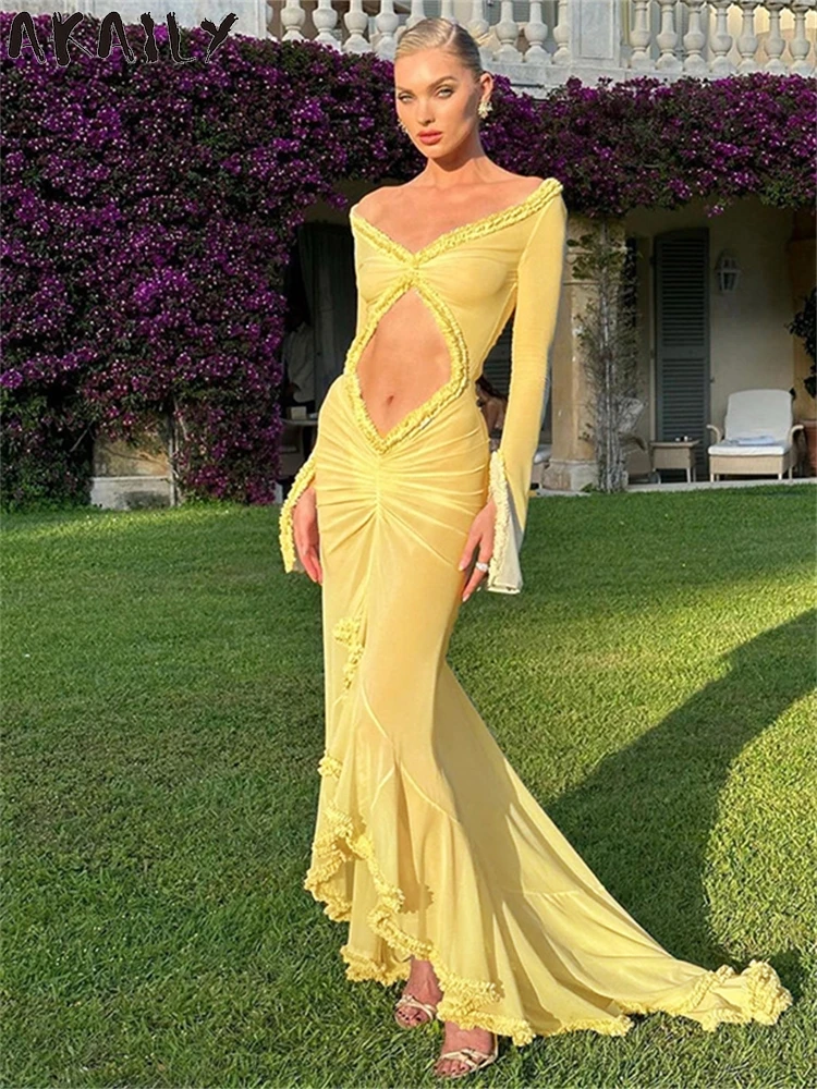 Akaily Summer Yellow Hollow Out Mesh Flounce Long Dresses Beach Holiday Outfits Woman 2024 Sexy See Through Evening Party Robe