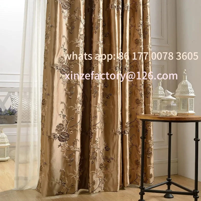 

Customizable European EmbroideredGolden Brown Luxury Curtains for Living Room Blackout Imitation Satin Precision Jacquard