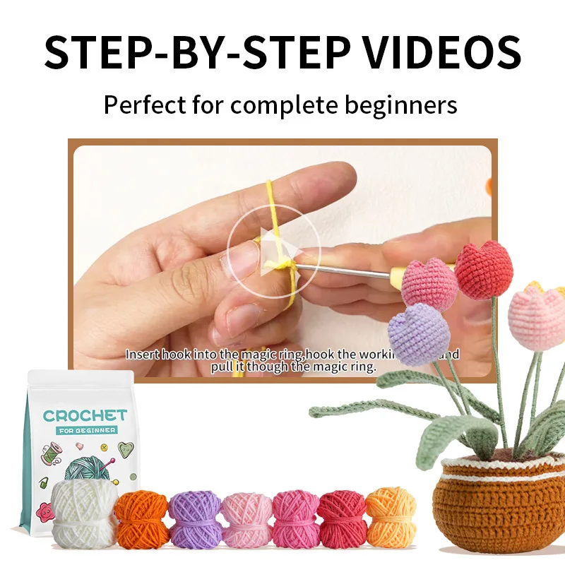 Flowers Crochet Knitting Kit For Starter Beginners With Wool Yarn Thread Crochet Hook Needles Accessories Set DIY Handicraf