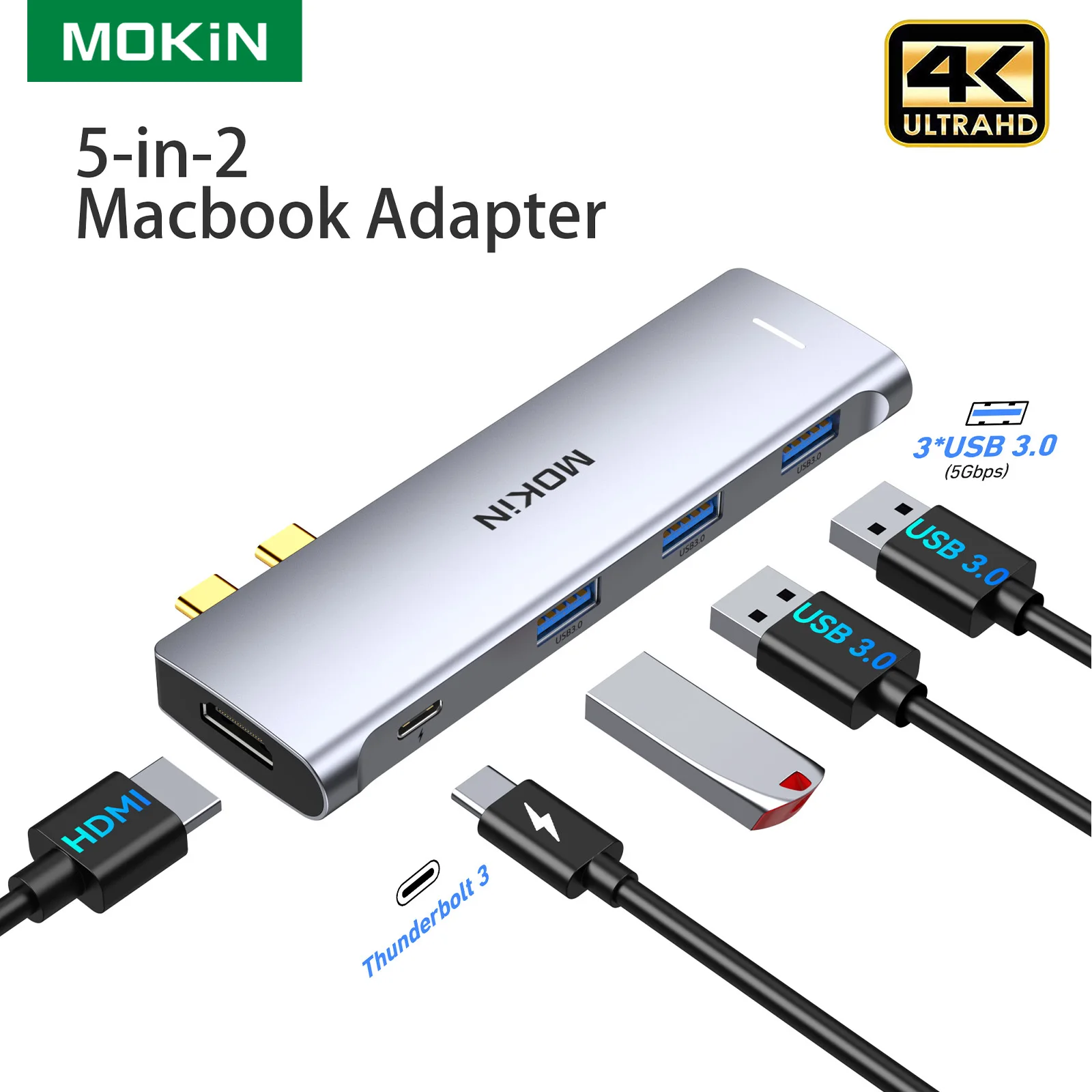 موكين USB Hub لماك بوك برو اير USB نوع C محول محطة الإرساء المزدوج USB C إلى Thunderbolt 3 HDMI USB3.0 ماك دونغل أجهزة الكمبيوتر المحمولة