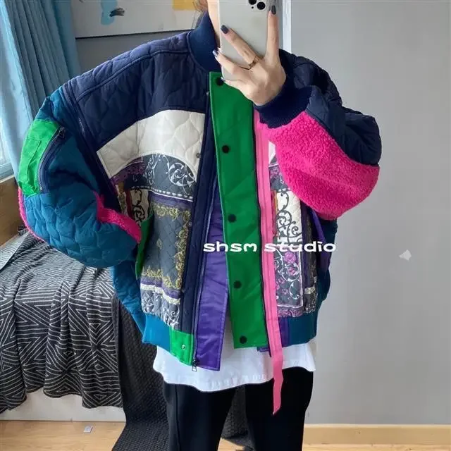 Vrouwen Patchwork Diverse Graffiti Bedrukt Katoen Gewatteerde Jas Zip Stand Kraag Baseball Verdikte Puffer Jas Parka Vest