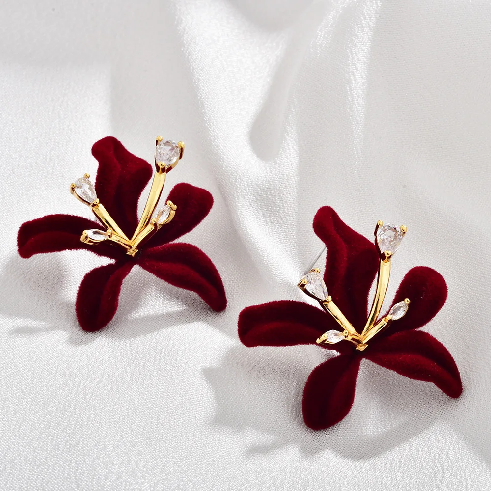 Burgundy flocked flower inlaid zircon earrings temperament elegant stud earrings
