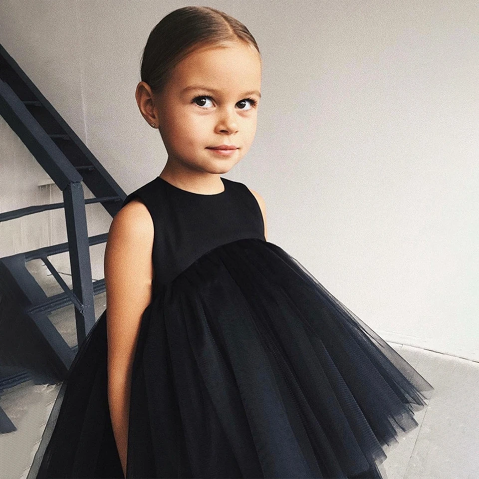 A-Line Simple Flower Girl Dresses 2025 Summer Kids Birthday Party For Wedding Black Sleeveless Princess Vestidos Para Niñas