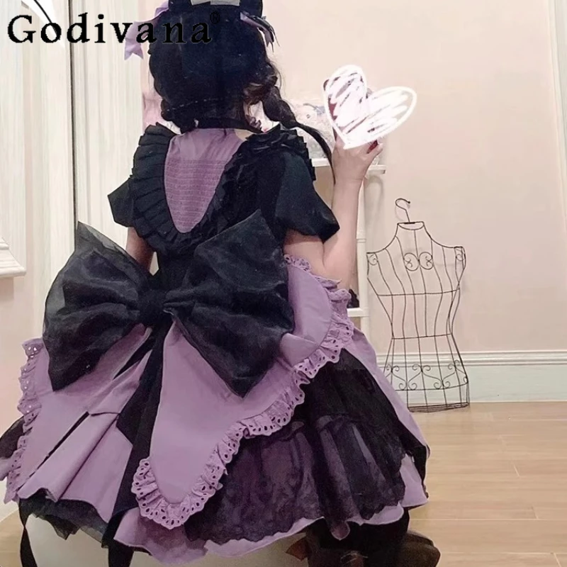 Girl New Year's Greeting Lolita Dress Black Cosplay Purple Fluffy Princess Dress Women's Short Sleeve Elegant Bow Dress