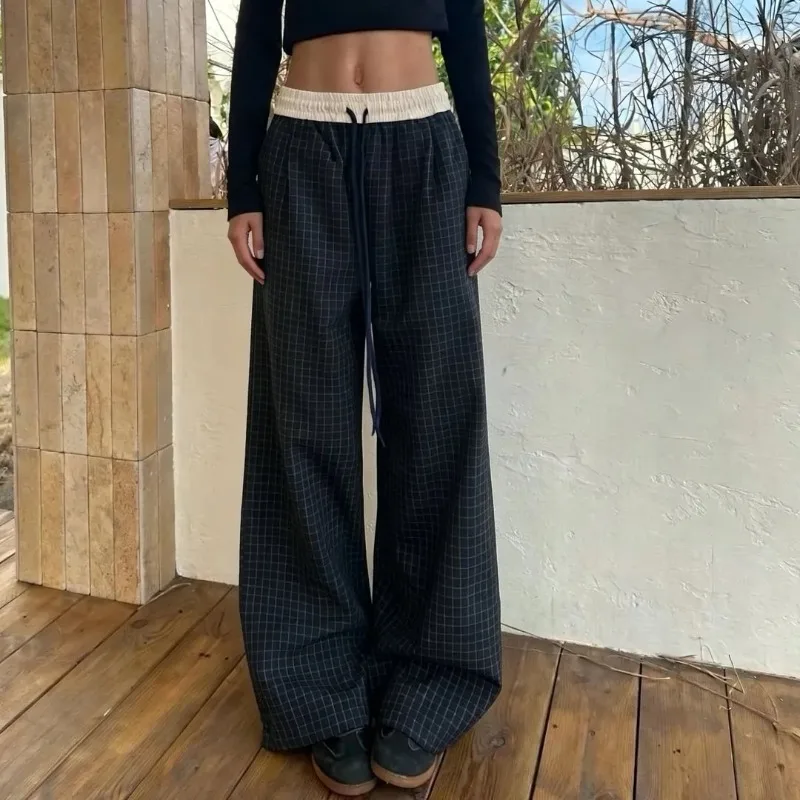 Fashionable Vintage Plaid Drawstring Trousers Summer New Loose Straight Female Clothing American High Waist Elastic Casual Pants