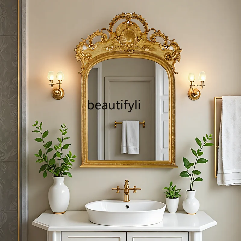 

French Retro Bathroom Mirror Wall-Mounted Living Room Entrance Carved Decorative Mirror