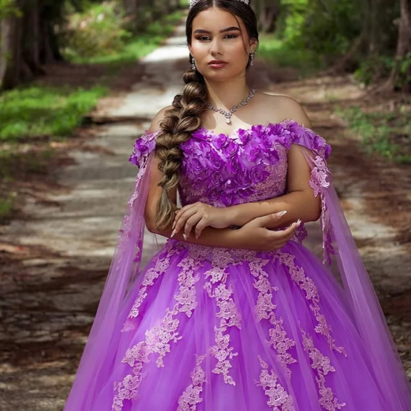 

Customized Purple Quinceanera Dresses Off the Shoulder Lace applique 3D flowerLong tail Vestido 15 Quinceanera