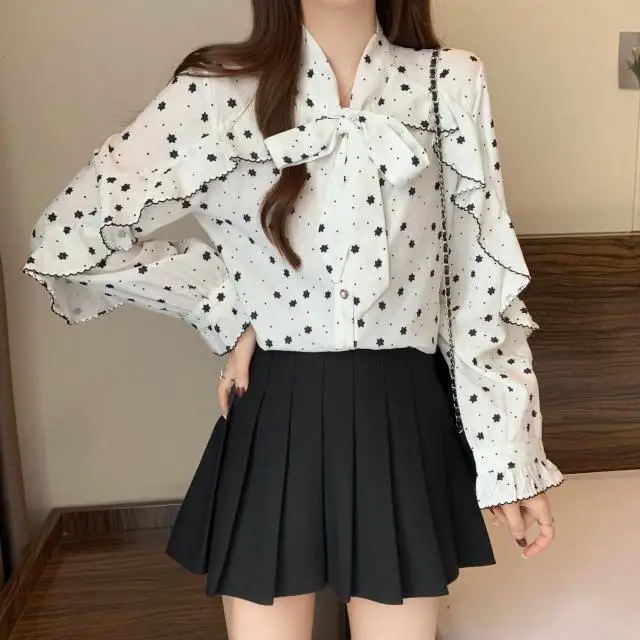 Sweet Floral Shirt Women's Lace Up Bow Collar Long Sleeved Top Women's Shirt