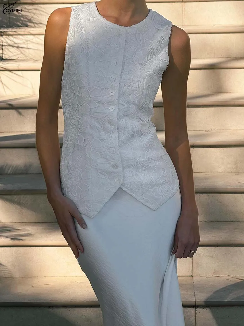 Oymimi Fashion White Lace Blouses For Women Elegant O-Neck Sleeveless Single Breasted Blouses Casual Solid Slim Shirts Female