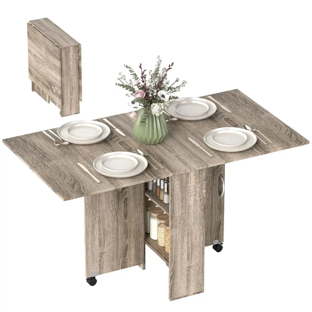80140 cm Folding Dining Table for 46 People, Drop Leaf Table with 2Tier Shelves, Rolling Casters, for Small Spaces, Kitchen, Fl