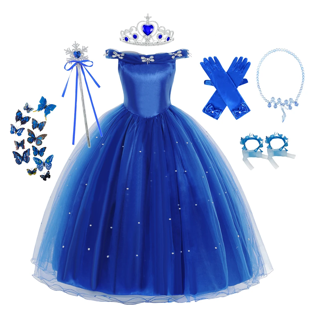 

Dark Blue Girls Cinderella Dress Christmas Halloween Party Princess Costumes Kids Birthday Gown dresses