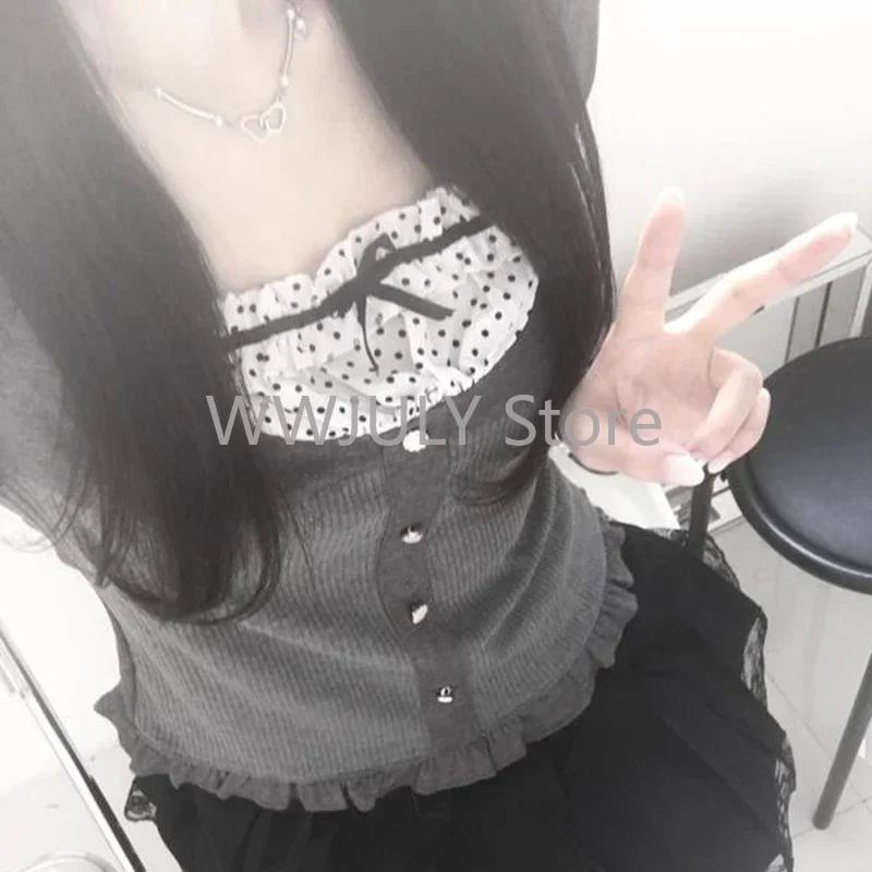 Aesthetic Gyaru Y2K Polka Dot Print Contrast Patchwork Knitted Tops Grey Autumn Cute Bow T-shirts Slim-fit Long Sleeve Knitwear