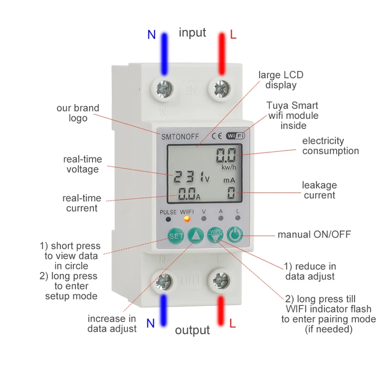 tuya smart life wifi Smart Energy Meter Power kWh Meter Earth Leakage Over Under Voltage Protector work with alexa smart home