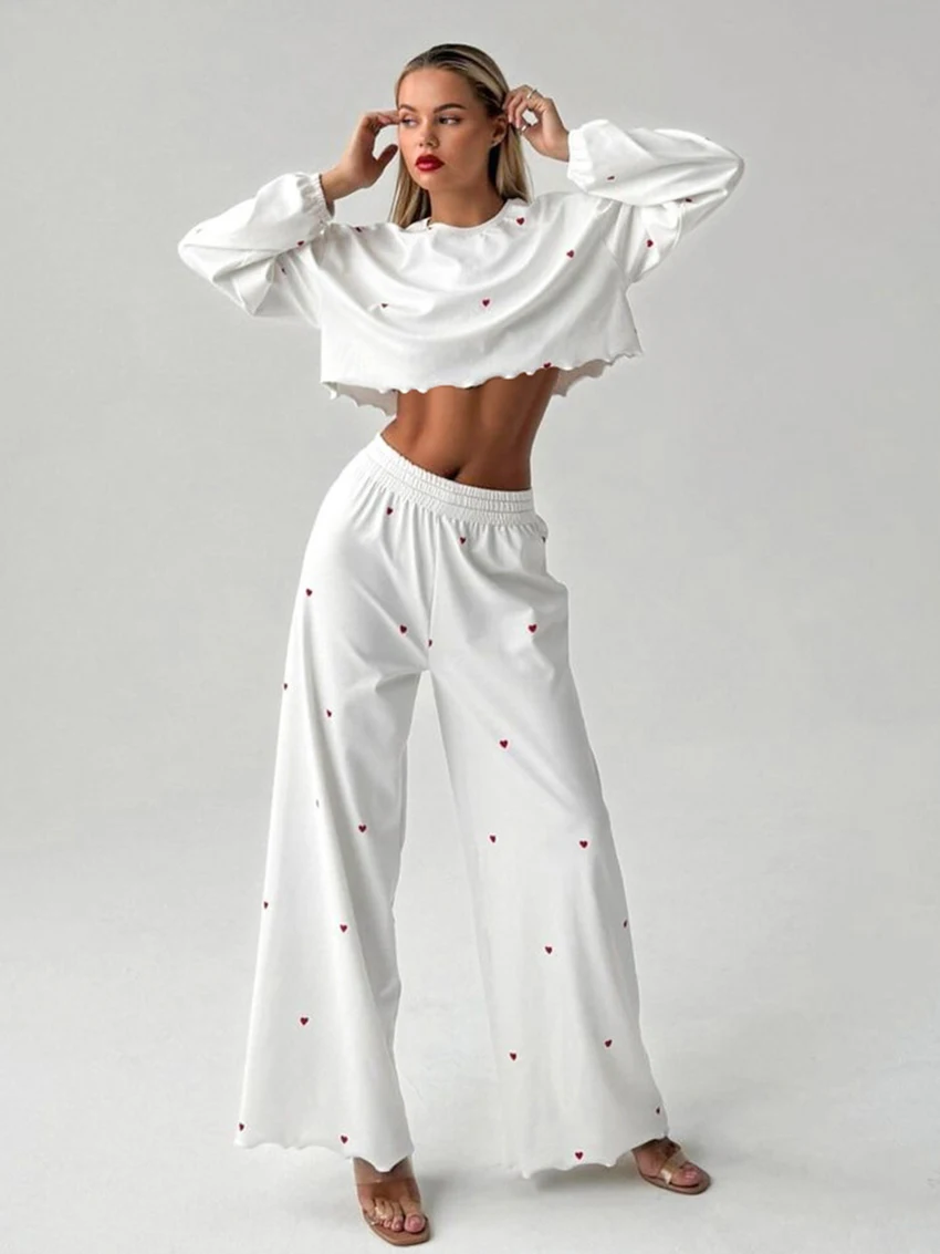 

Marthaqiqi Casual Printing Female Sleepwear Suit O-Neck Pajamas Long Sleeve Nightie Crop Top Nightwear Pants Women Nightgown Set