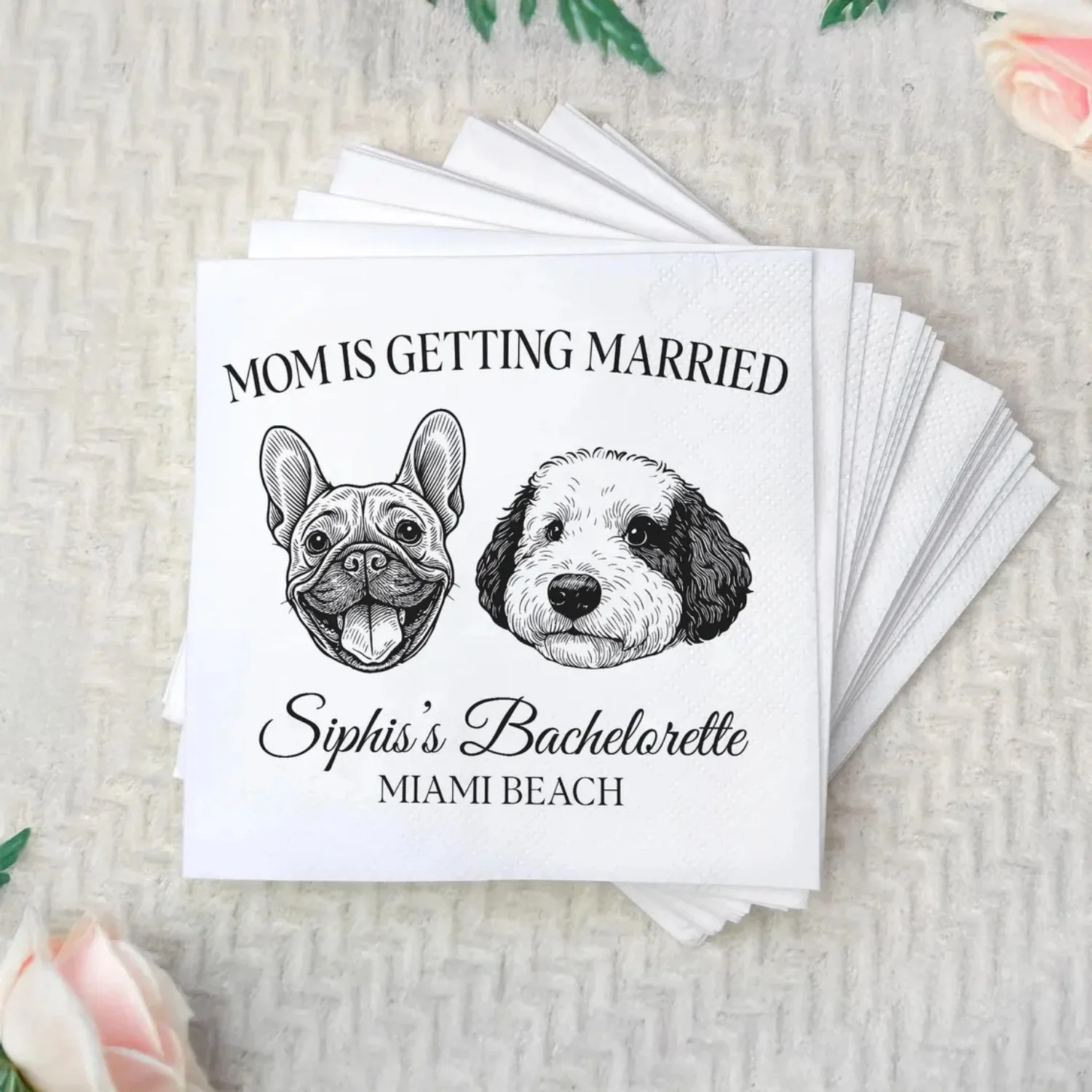 Мама приходит для женатых салфеток, салфетки для девичника, салфетки для празднования пляжа Майами, салфетки для свадебных случаев, любитель собак