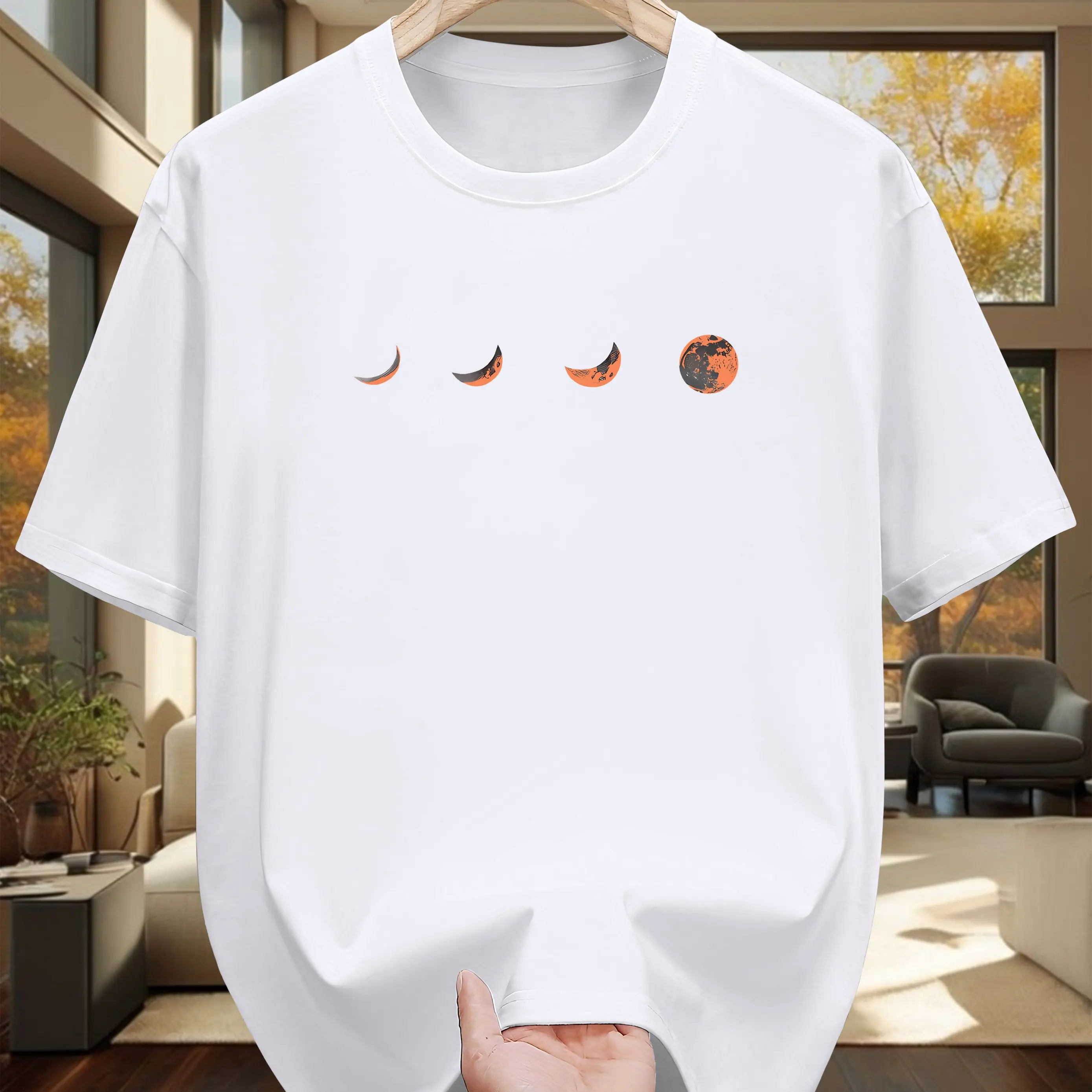 Men's Minimalist Moon Phases Cotton T-Shirt, Celestial Graphic Tee, White Short Sleeve Top