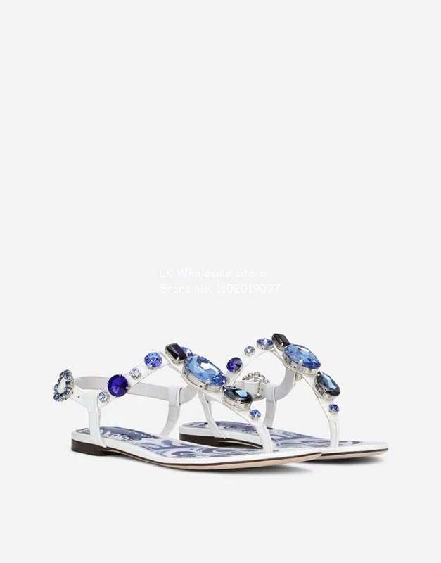 Women Patent Leather Thong Sandals with Embroidery Printed Jewel Flat Buckle Fastening Ankle Strap 35-43 Casual Party Sandals