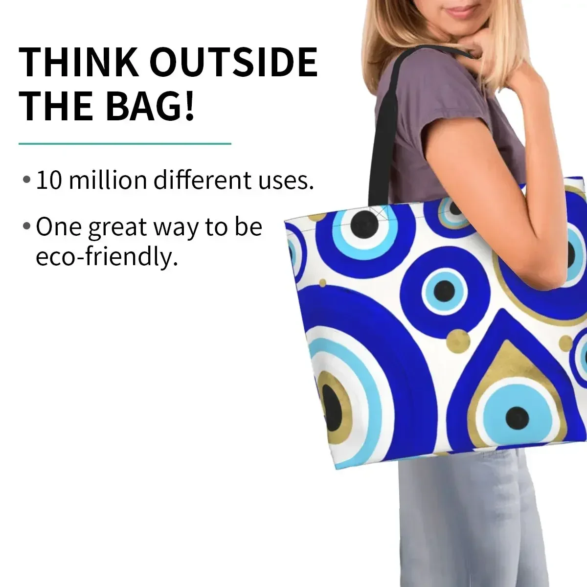 

Evil Eye Grocery Shopping Bag Custom Canvas Shopper Shoulder Tote Bag Big Capacity Moroccan Nazar