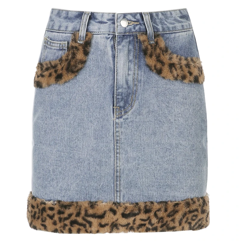 High Waist Leopard Patchwork Furry Jeans Skirts Womens 2023 Spring Casual Fashion Pokcet Denim Mini Skirt Harajuku Streetwear