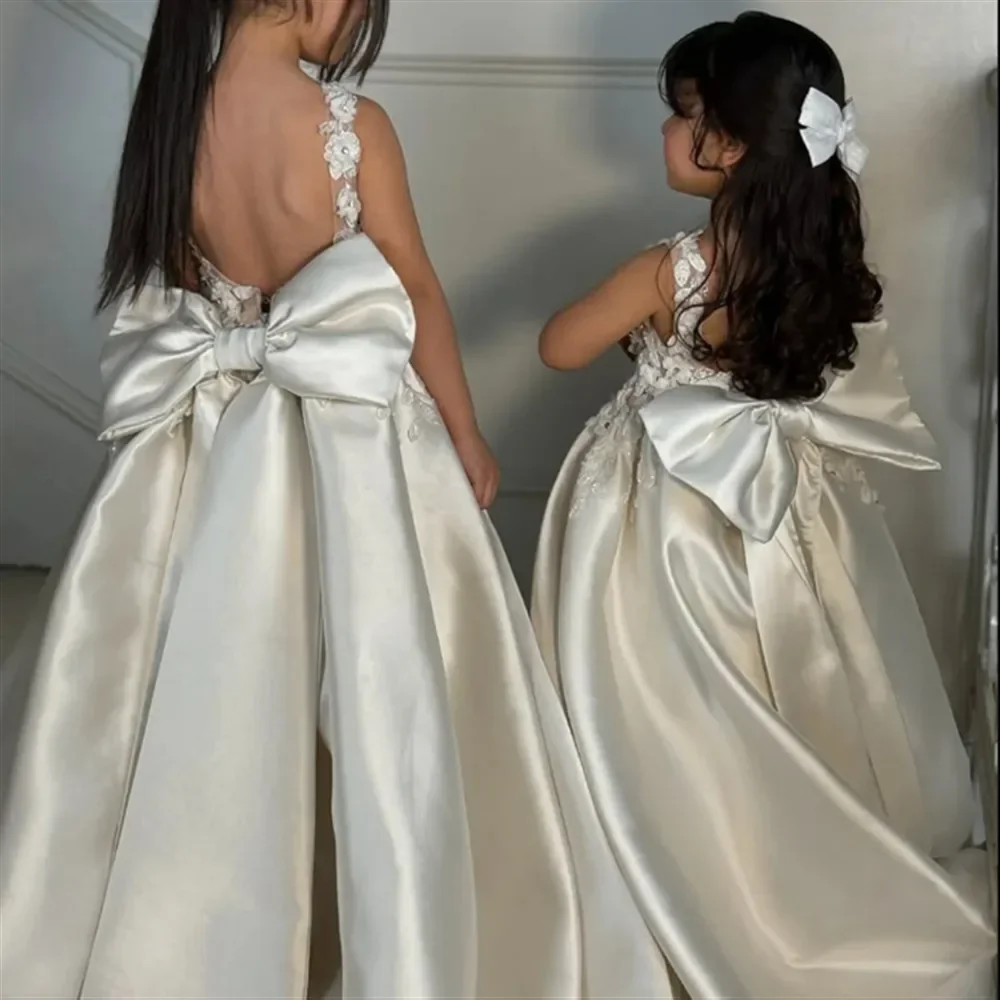 فستان مخصص للفتيات من الساتان JDY مزين بالزهور على شكل حرف a ورقبة رسن فستان حفلات أعياد ميلاد الطفل فستان حفلات المشاهير #6