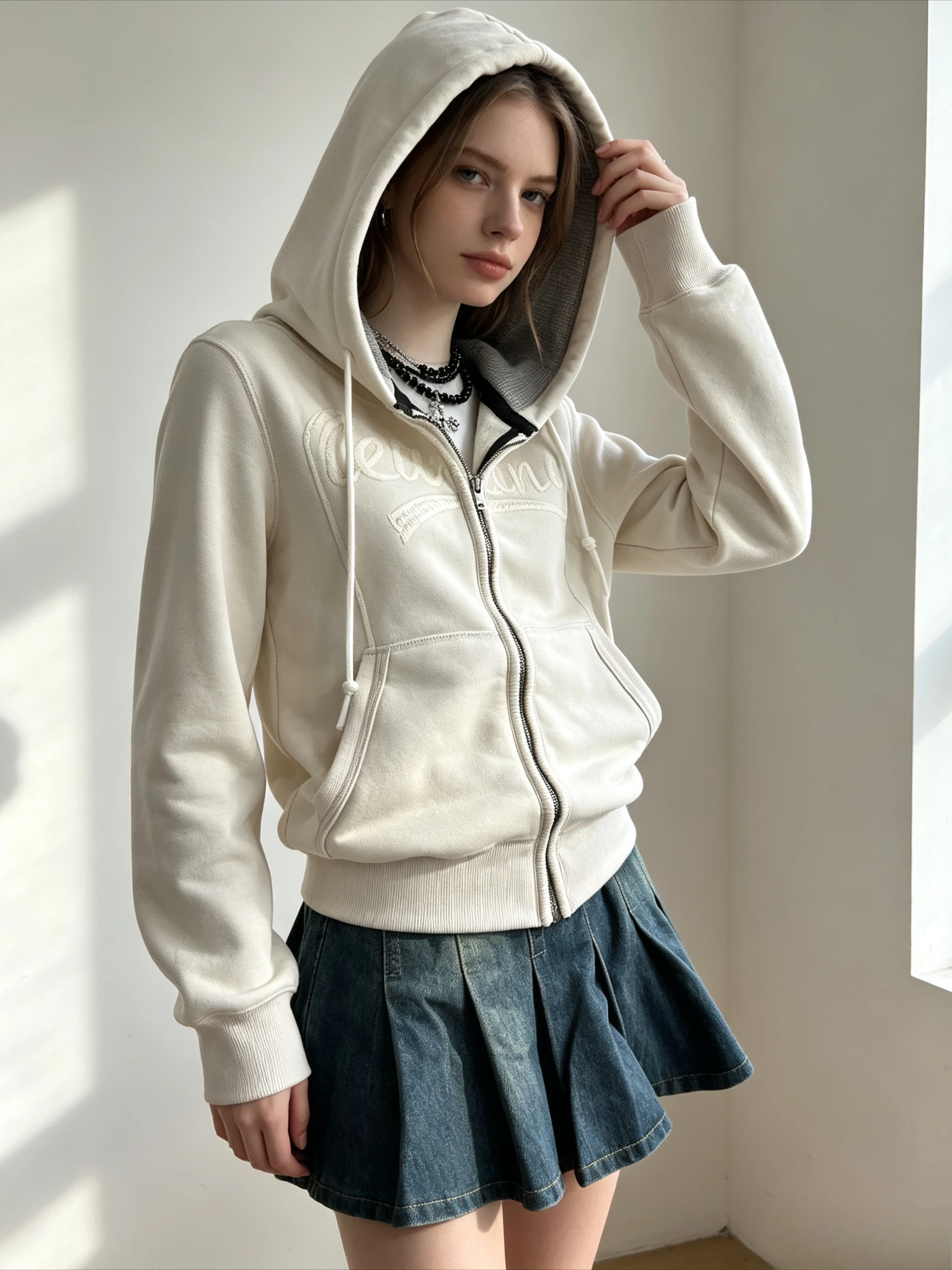 Retro Contrast Hood Zip Up Sweatshirt Cream White Raised Letter Embroidery Drawstring Hoodie Front Pockets Slim Tailored Cut