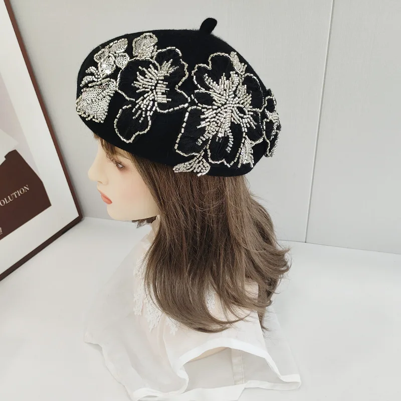 

2026, новый дизайн, берет со стразами и цветами для женщин, элегантная весенне-осенняя теплая вуаль для лица, кепка художника Sombreros De Mujer