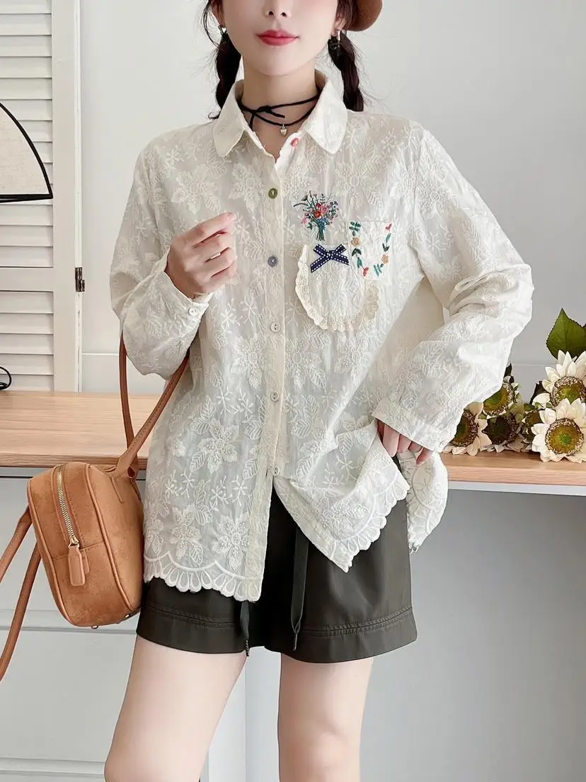 Autumn Japan Style Sweet Lolita Lace Flower Embroidery Cotton Shirt Women Mori Girl Turn Down Collar Long Sleeve White Blouse