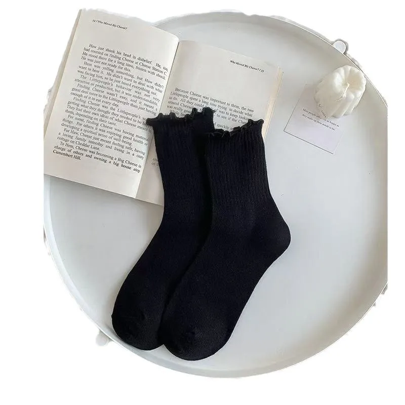 3 Pairs Ruffled Mid Length Socks Women Breathable Solid Color Set Spring and Autumn Comfort Sweat-absorbing Girls' Socks