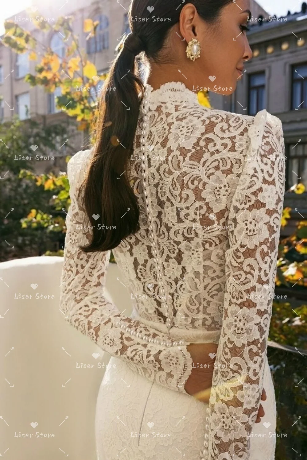 Liser Customized Ivory Stand Collar Deep V Puff Long Lace Mermaid Wedding Dress Slim Fitted Long Lace Train Robe De Mariée 2026