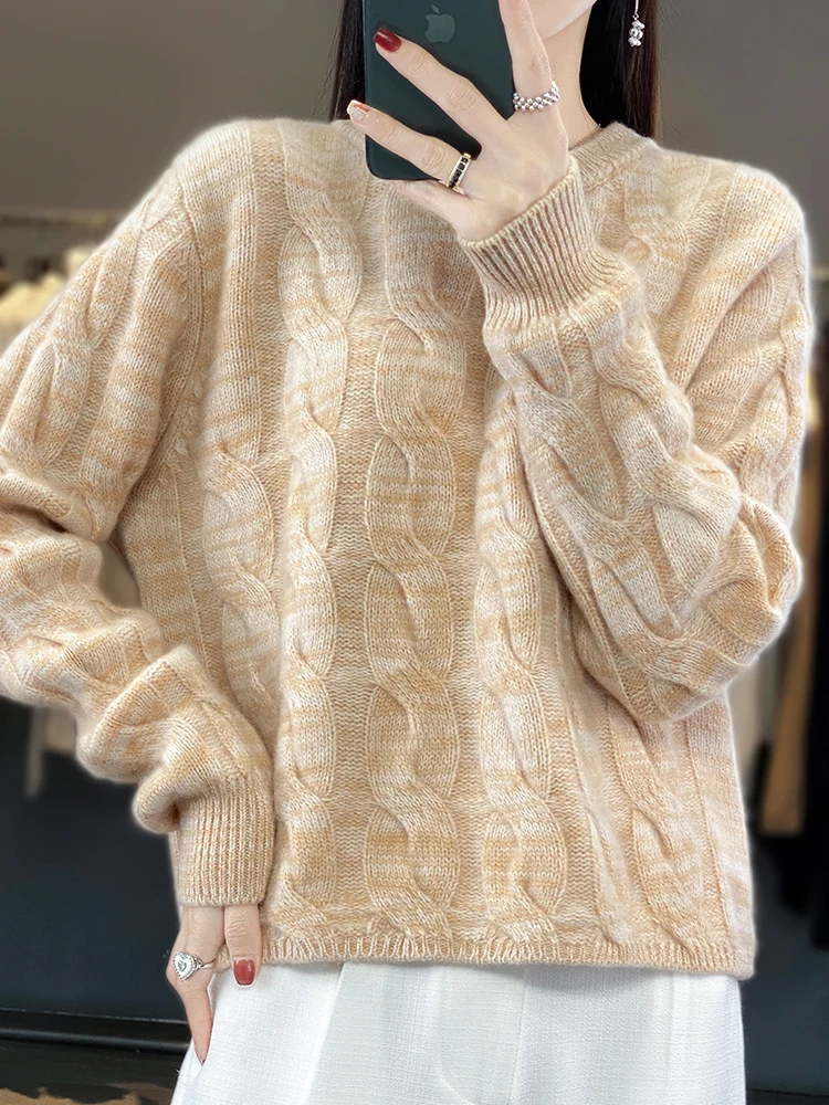 

New Women Cashmere Sweater Autumn Winter 100% Merino Wool Knitted Pullover O-Neck Twist Flower Knitwear Female Soft Tops 2024
