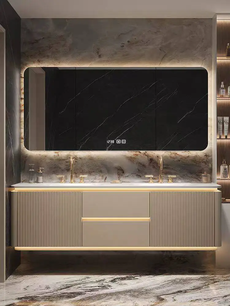 

Cream wind rock slab hot bending integrated double basin bathroom cabinet combination oak toilet washstand