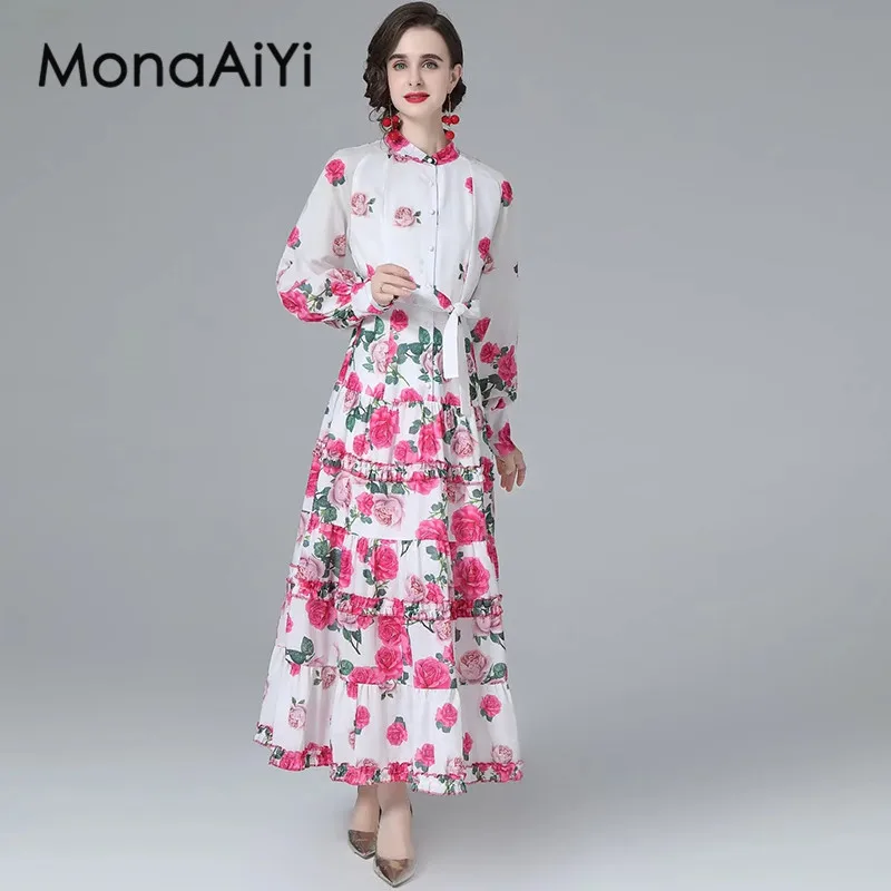 MonaAiYi Fashion Design Autumn Women's Dress Stand Collar Sheep horn sleeve Single-Breasted Lace-Up Print Party Long Dresses