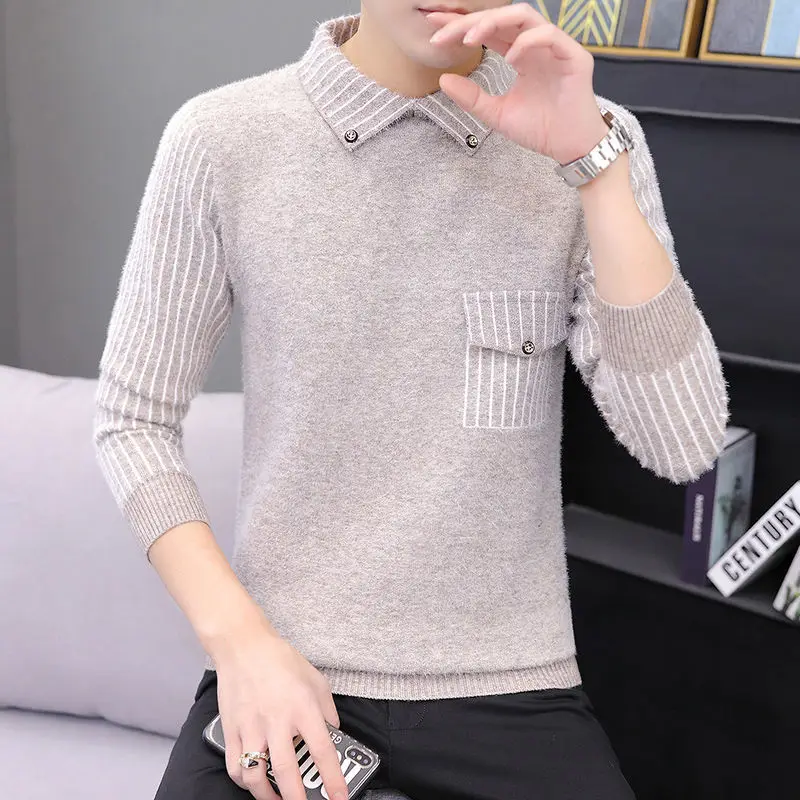 Fashion Striped Button Pockets Fake Two Pieces Sweaters Men\'s Clothing 2023 Autumn Winter Casual Pullovers Knitted Striped Tops