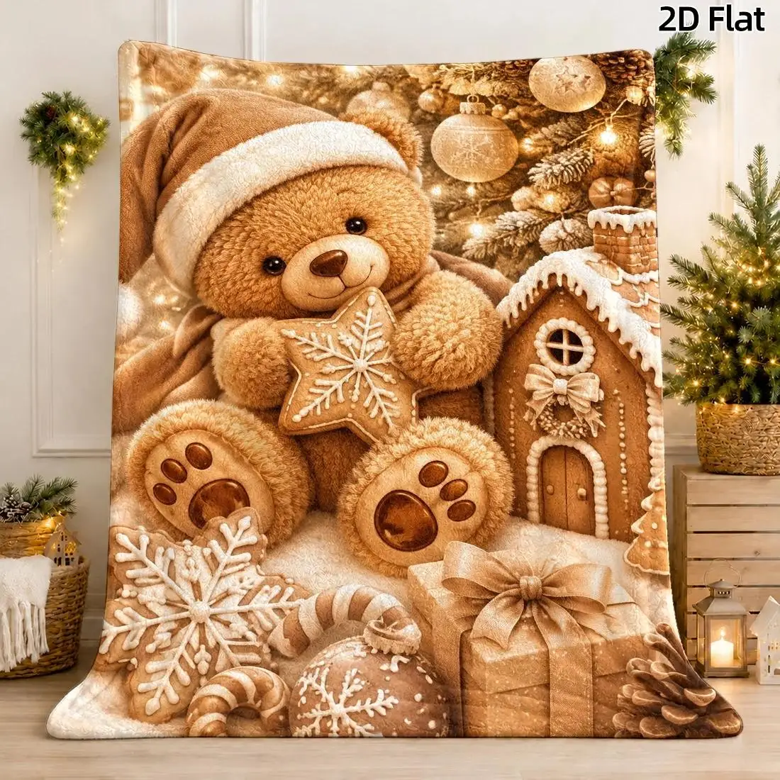 1pc 2D Flat Throw Blanket, Teddy Bear with Snowflake Cookie Pattern, Gold Brown & White Christmas Decor Blanket