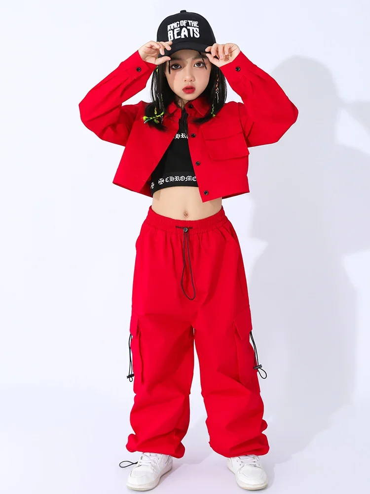 Ropa de actuación para niños, traje de escenario de concierto, traje de baile de Jazz para niñas, abrigo de ombligo de manga larga rojo, pantalones Cargo de Hip Hop