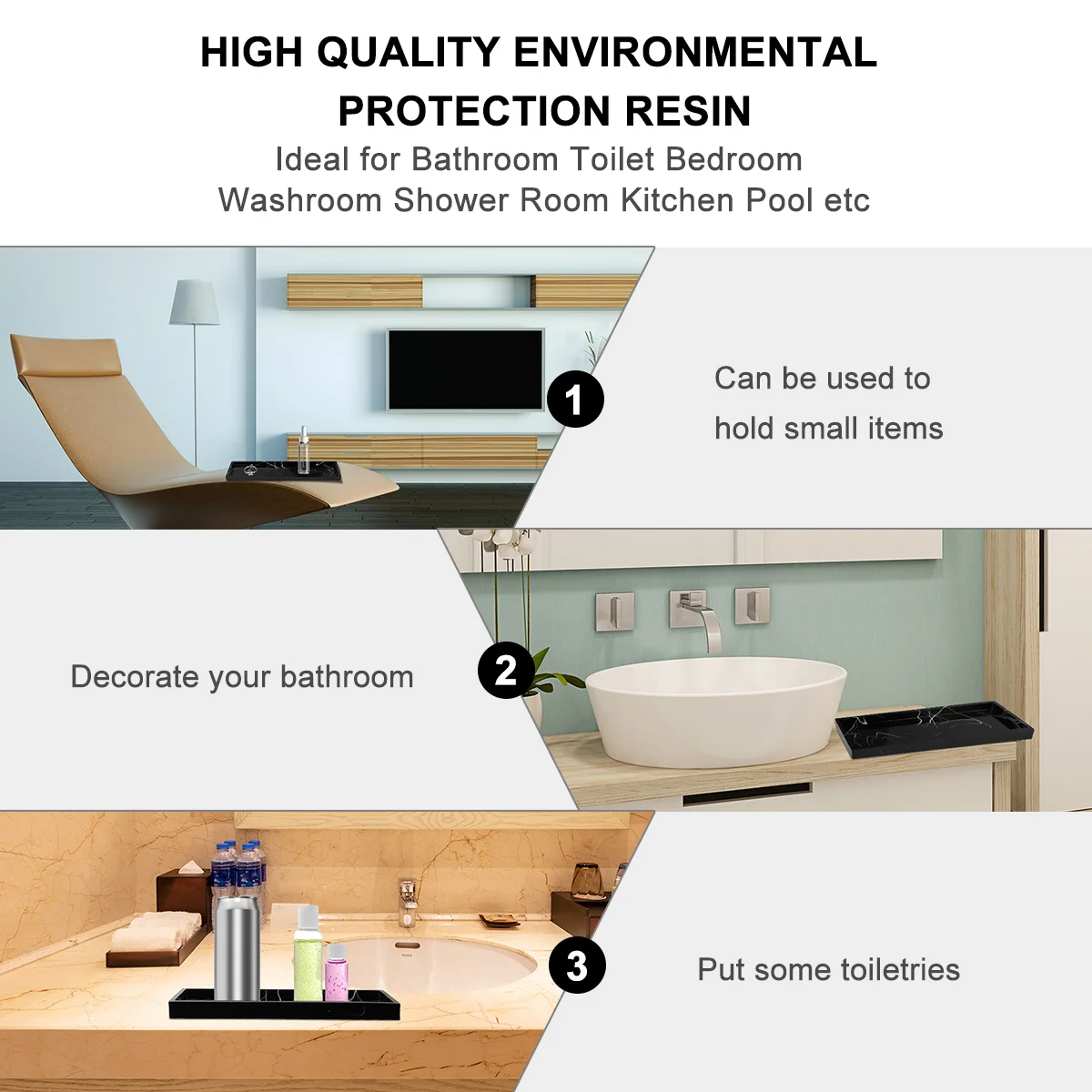 

1Pcs Black Marble Texture Resin Tray Modern Bathroom Storage Solution Sturdy Easy Clean Tray for Shower Toilet Room