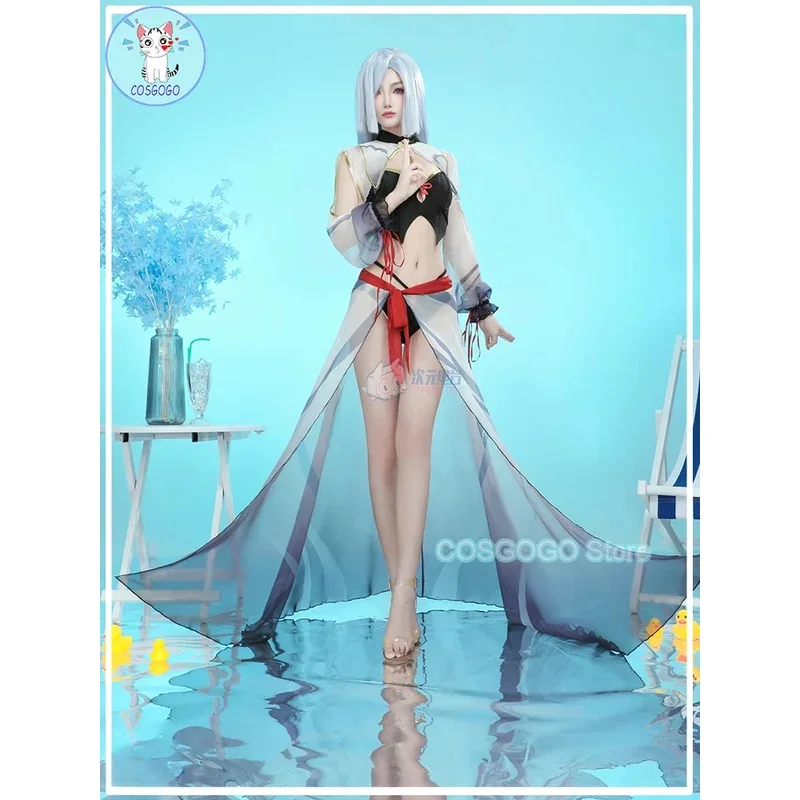 COSGOGO 게임 Genshin Impact Shenhe 코스프레 의상 Shen He 비키니 세트 섹시한 바디 슈트 할로윈 스플릿 수영복 Womena;2'k,8;c'